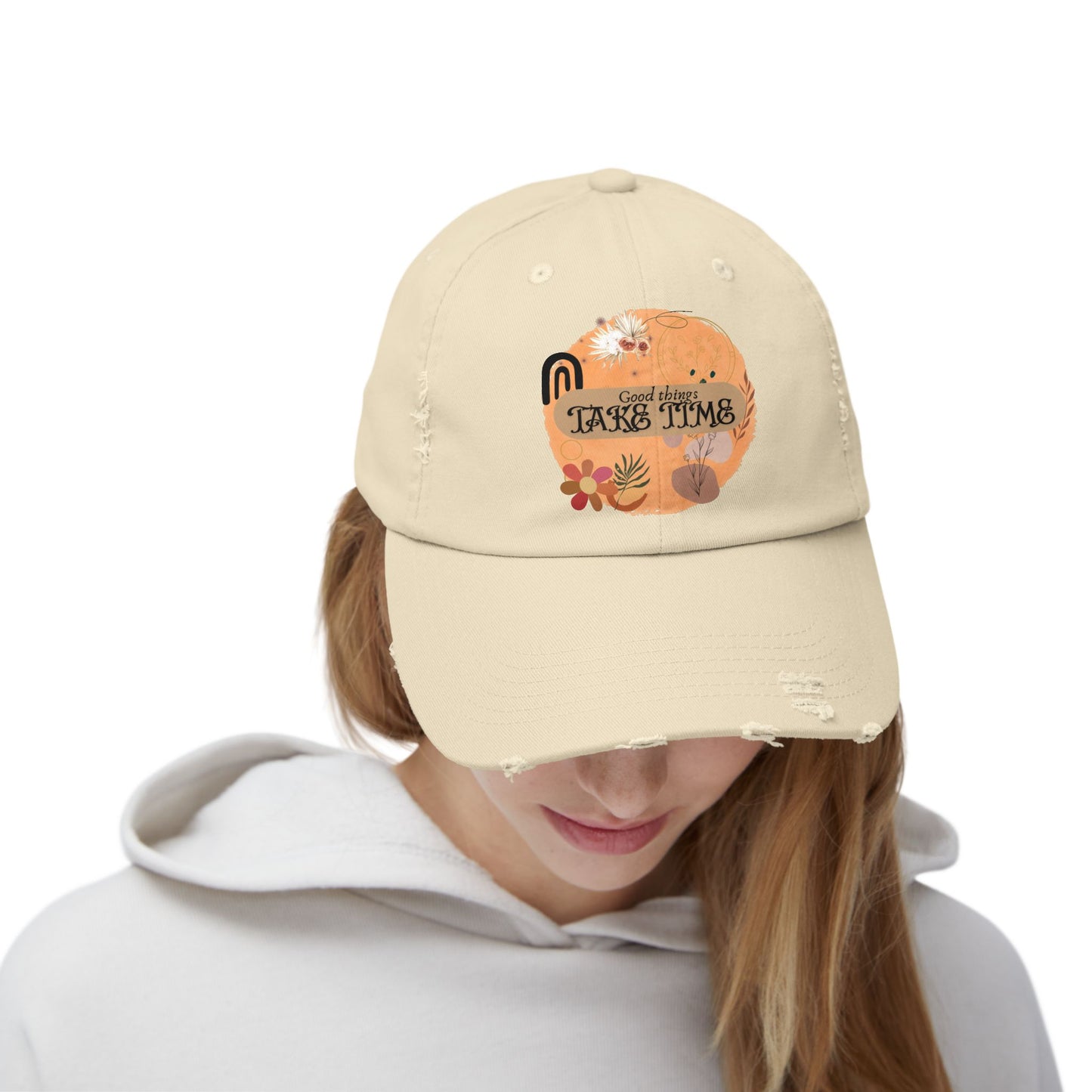 'Good Things Take Time' Unisex Distressed Cap